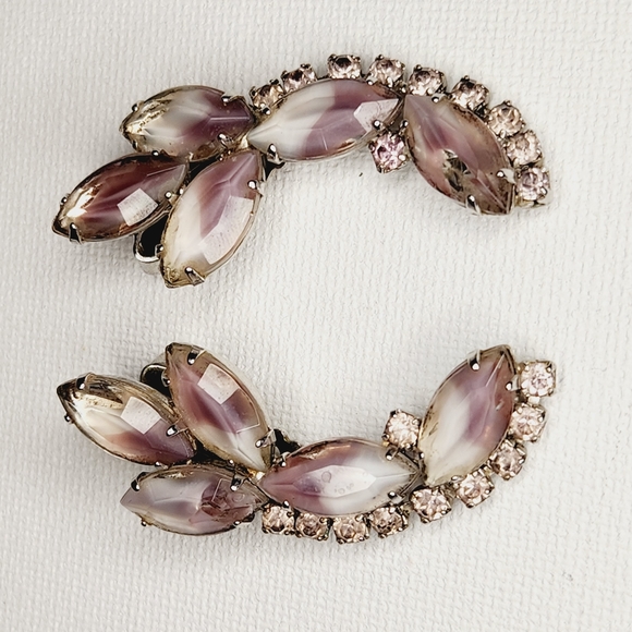 Vtg Pale Purple Navette Marquise Rhinestone Silver Tone Clip Earrings Crawler - Picture 5 of 6